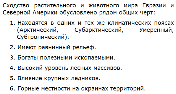 Чем обусловлено сходство растительного и животного мира Евразии и Северной Америки