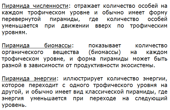 Каковы характеристики пирамид численности, биомассы и энергии?