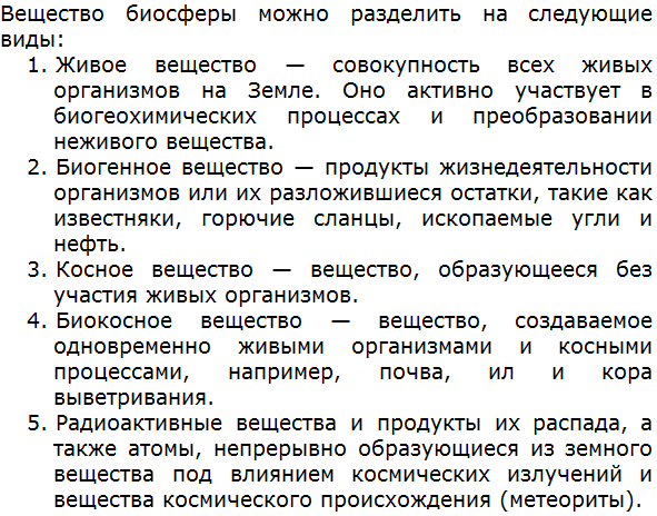 Составьте перечень видов вещества биосферы, охарактеризовав каждый из них