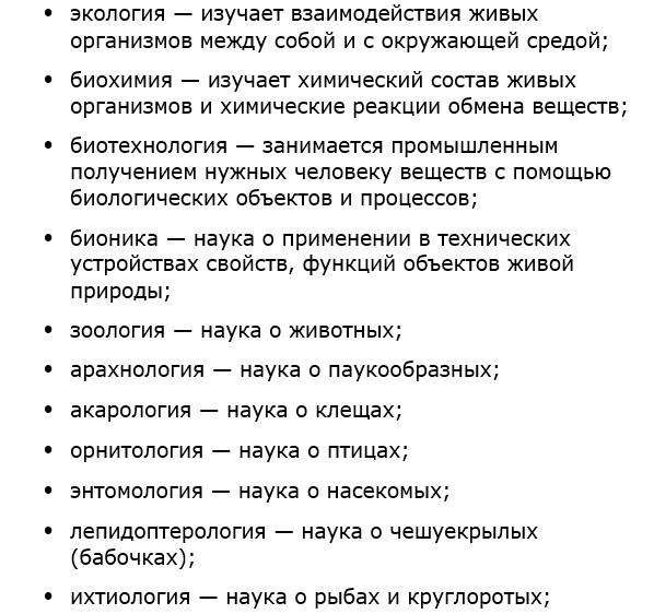 Перечислите известные вам биологические науки и укажите, что они изучают